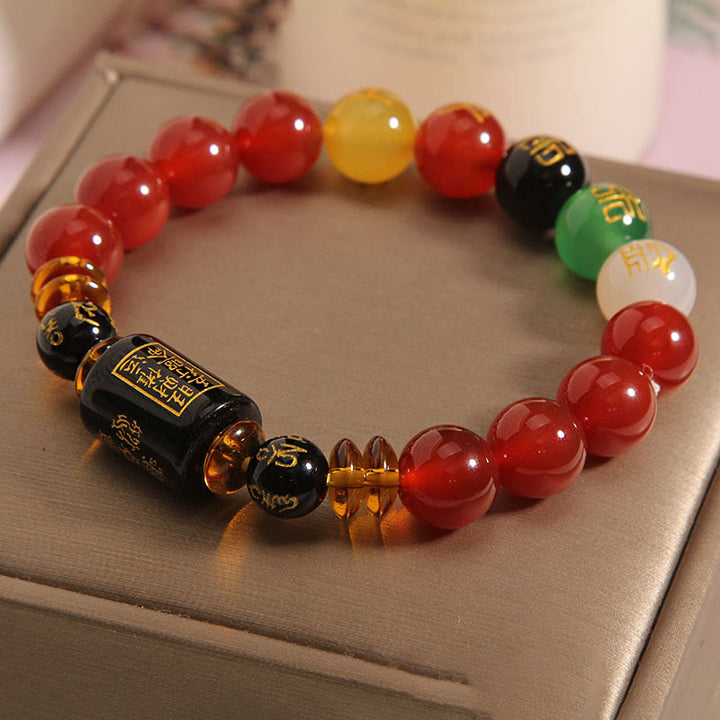 Buddha Stones Five Elements Black Onyx Red Agate Wisdom Wealth Bracelet