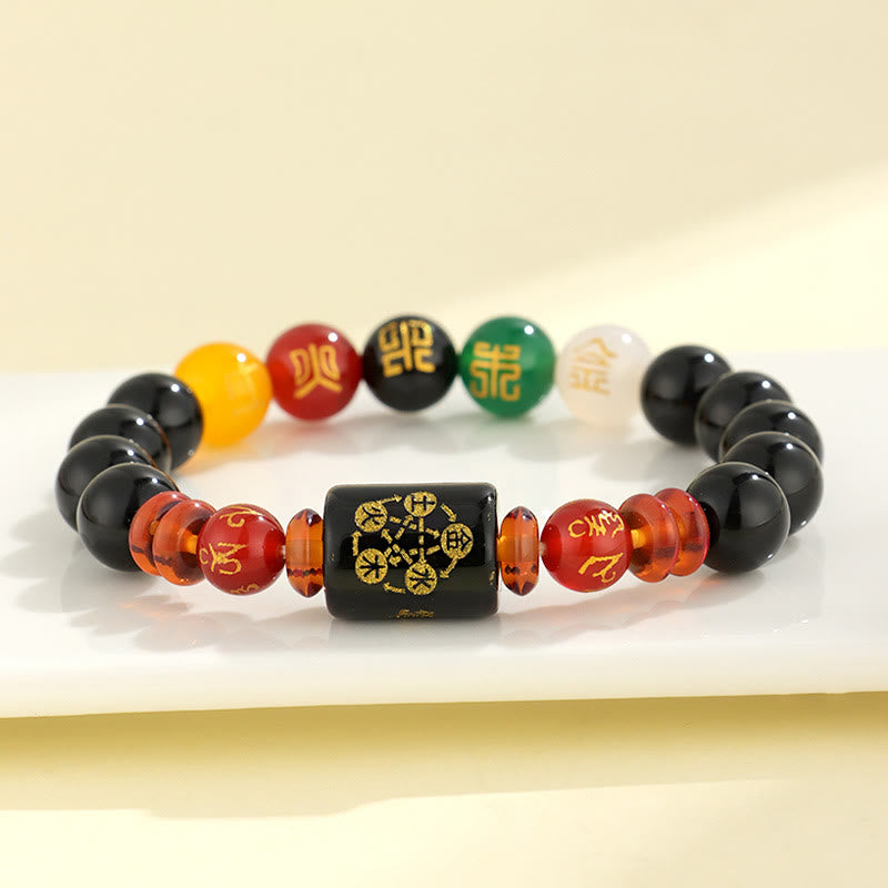 Buddha Stones Five Elements Black Onyx Red Agate Wisdom Wealth Bracelet