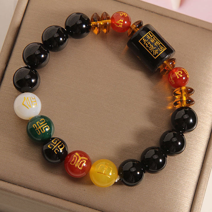 Buddha Stones Five Elements Black Onyx Red Agate Wisdom Wealth Bracelet