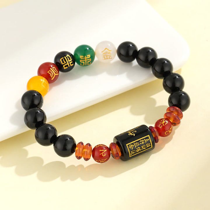 Buddha Stones Five Elements Black Onyx Red Agate Wisdom Wealth Bracelet