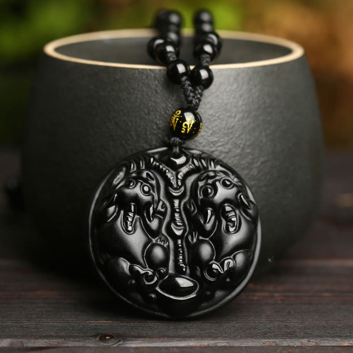 Buddha Stones Black Obsidian Double Pixiu Bead Rope Purification Necklace Pendant