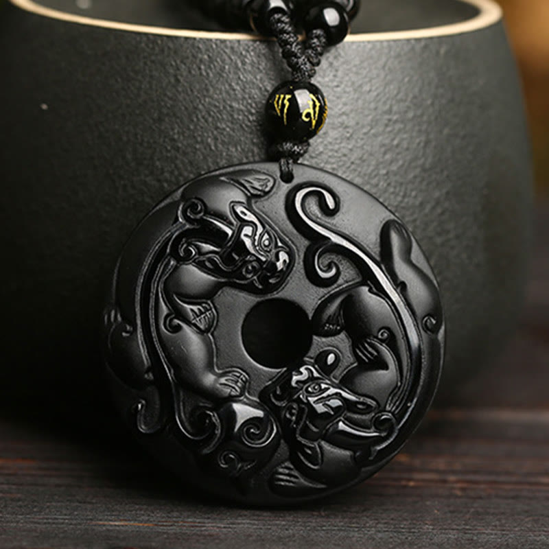 Buddha Stones Natural Black Obsidian Peace Buckle Pixiu Bead Rope Strength Necklace Pendant