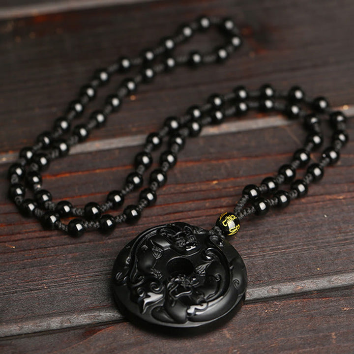 Buddha Stones Natural Black Obsidian Peace Buckle Pixiu Bead Rope Strength Necklace Pendant