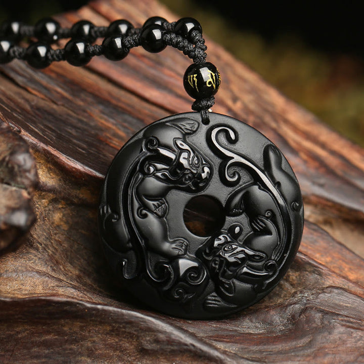 Buddha Stones Natural Black Obsidian Peace Buckle Pixiu Bead Rope Strength Necklace Pendant