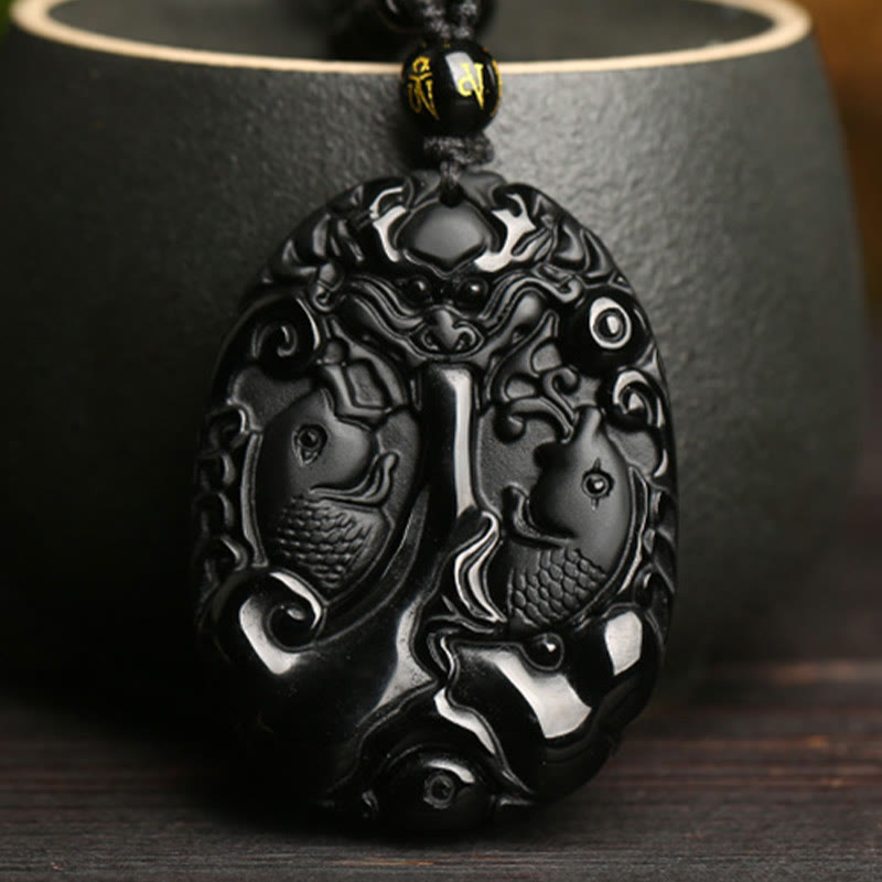 Buddha Stones Black Obsidian Koi Fish Bead Rope Fulfilment Strength Necklace Pendant