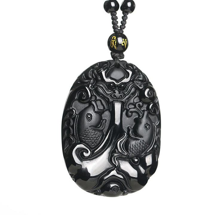 Buddha Stones Black Obsidian Koi Fish Bead Rope Fulfilment Strength Necklace Pendant