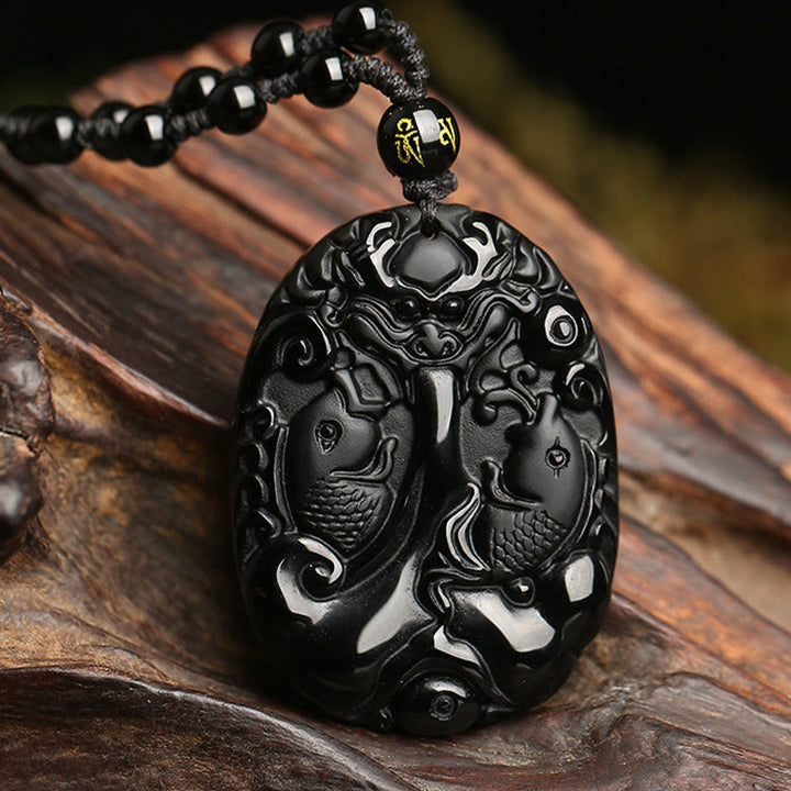 Buddha Stones Black Obsidian Koi Fish Bead Rope Fulfilment Strength Necklace Pendant