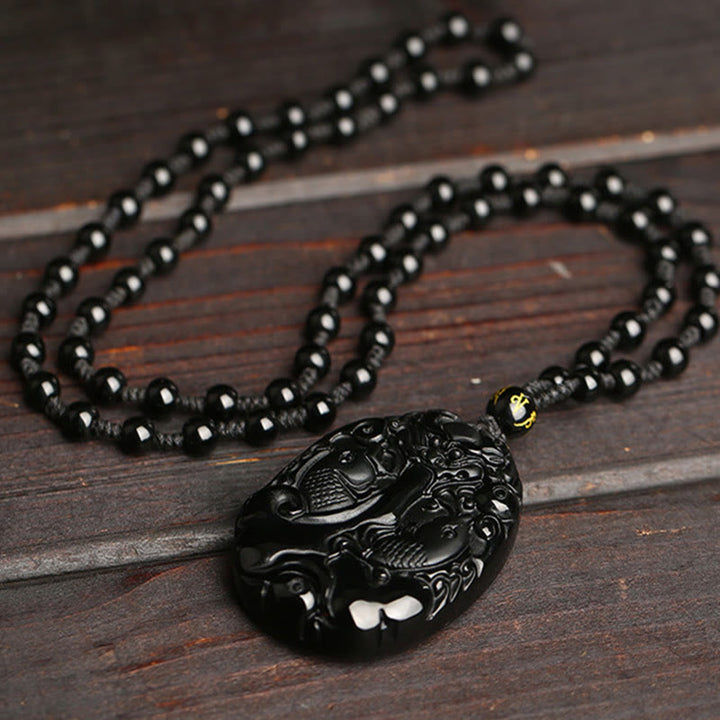 Buddha Stones Black Obsidian Koi Fish Bead Rope Fulfilment Strength Necklace Pendant