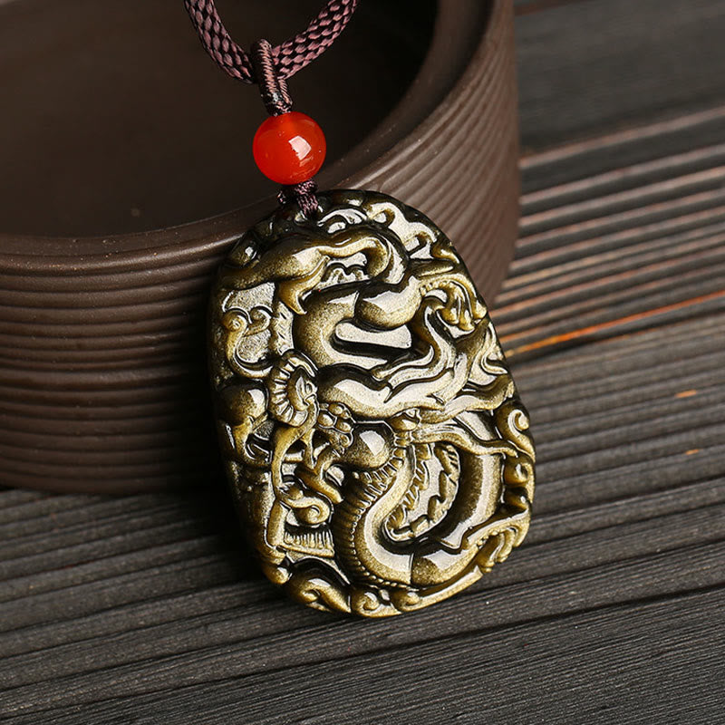 Buddha Stones Gold Sheen Obsidian Dragon Pattern Success Necklace Pendant