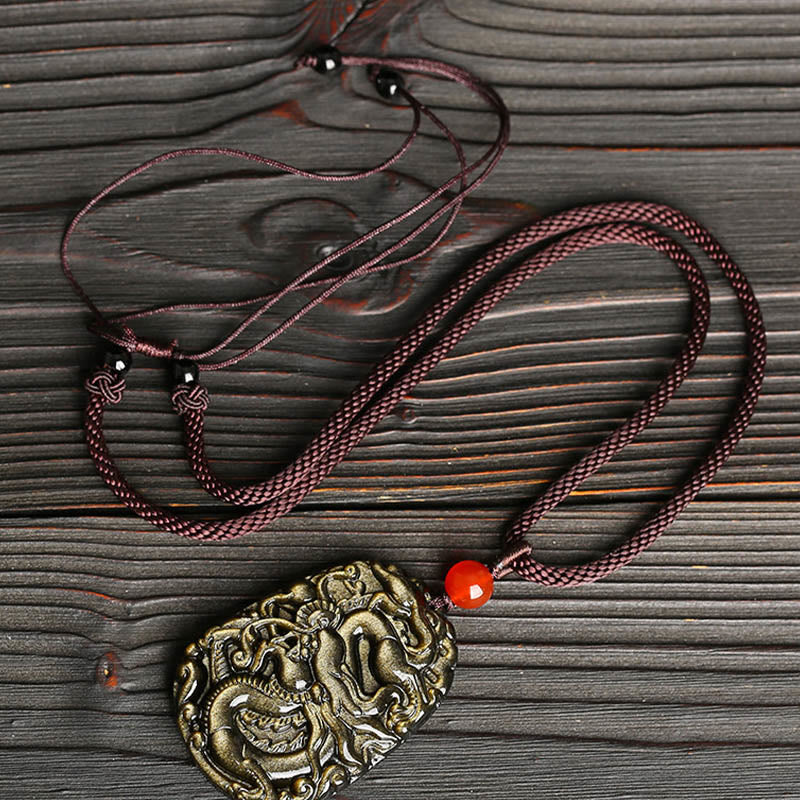 Buddha Stones Gold Sheen Obsidian Dragon Pattern Success Necklace Pendant