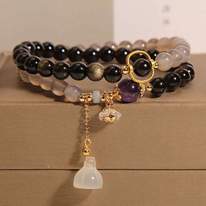 Buddha Stones Gold Sheen Obsidian Gray Agate Lotus Charm Strengthen Double Wrap Bracelet