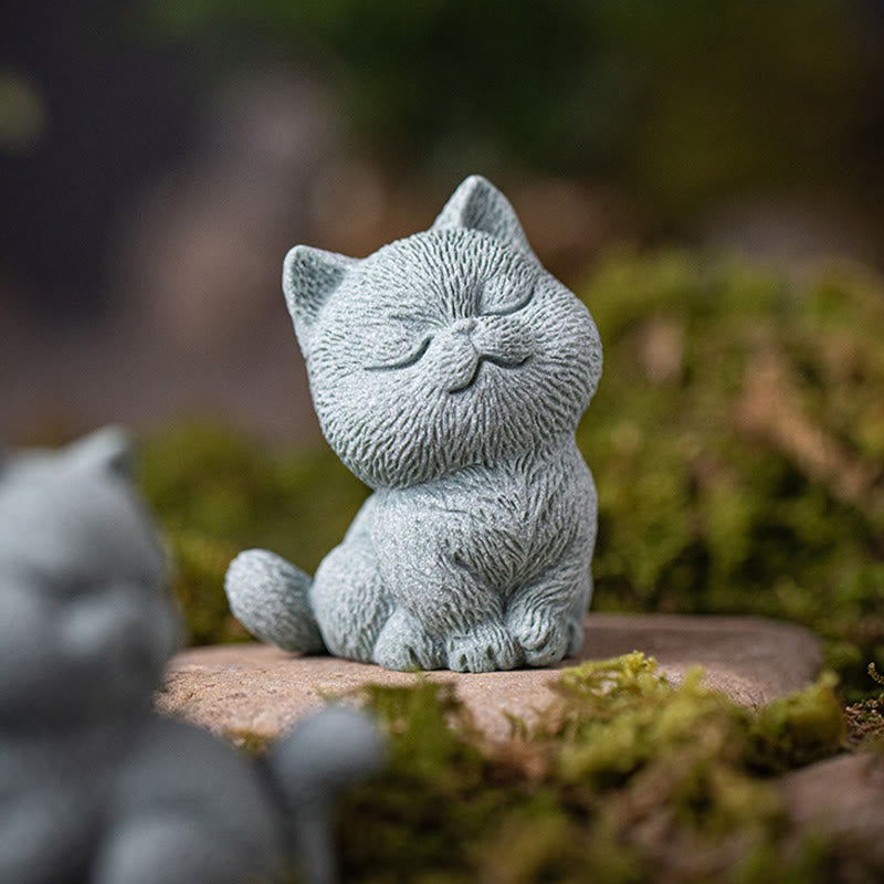 Buddha Stones Small Cat Home Tea Pet Figurine Desk Decoration - Close Eyes Cat 5.6*5*7.2cm - image 1