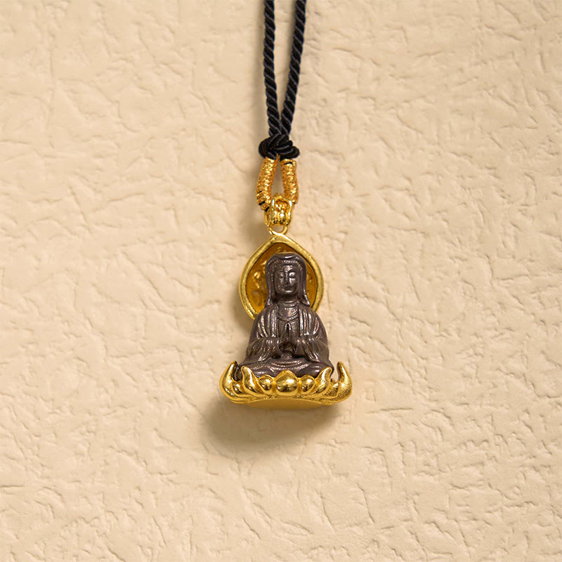 Buddha Stones Alloy Kwan Yin Avalokitesvara Wealth Rope Necklace Pendant