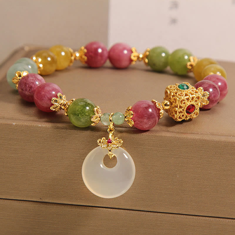 Buddha Stones Colorful Tourmaline Peace Buckle Charm Wisdom Bracelet