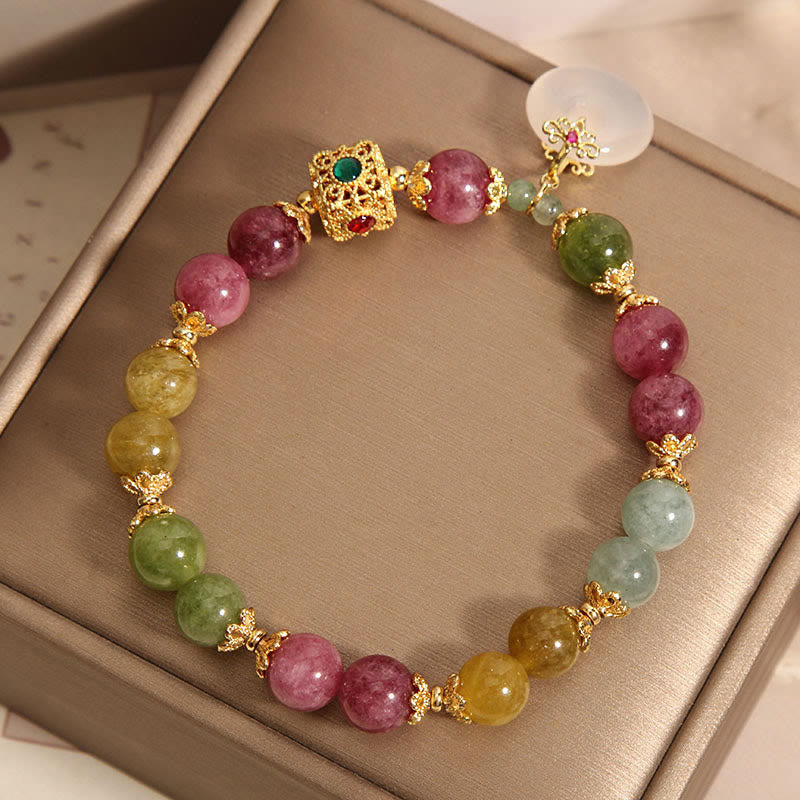 Buddha Stones Colorful Tourmaline Peace Buckle Charm Wisdom Bracelet