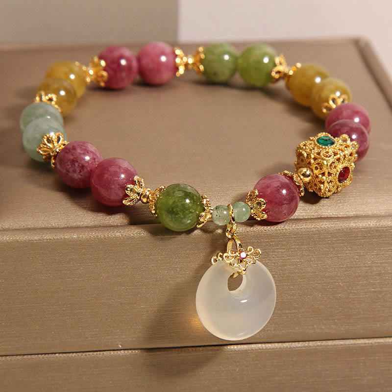 Buddha Stones Colorful Tourmaline Peace Buckle Charm Wisdom Bracelet