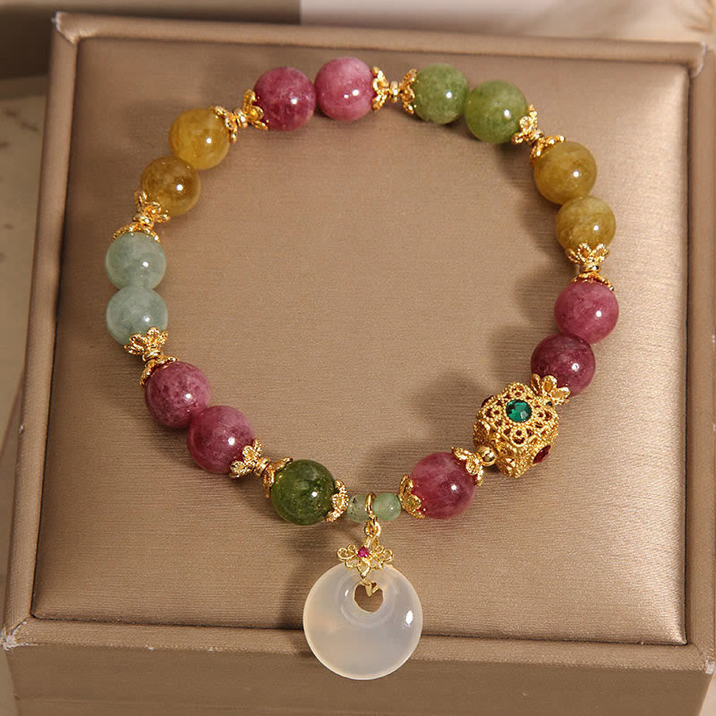 Buddha Stones Colorful Tourmaline Peace Buckle Charm Wisdom Bracelet