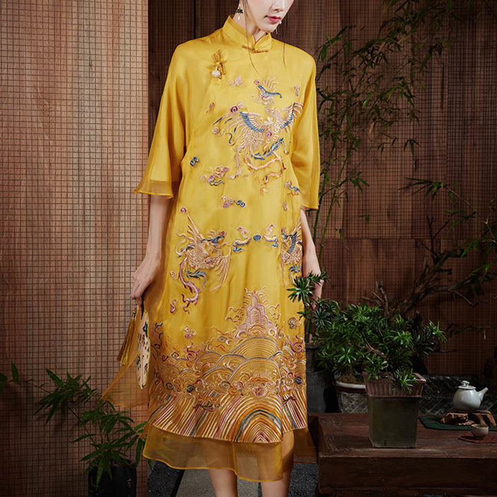 Buddha Stones 100% Mulberry Silk Organza Dress Embroidered Yellow Phoenix Qipao Cheongsam Dress