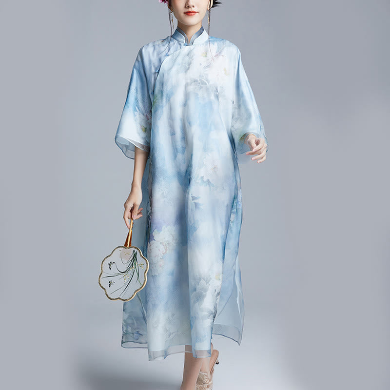 Buddha Stones 100% Mulberry Silk Organza Dress Flowers Print Qipao Cheongsam Dress