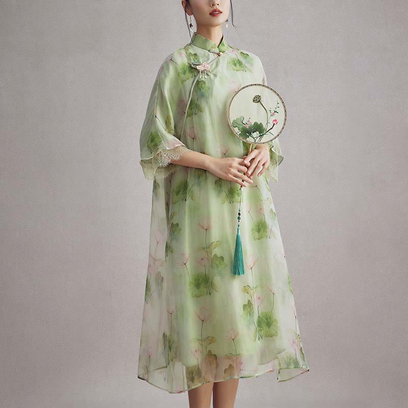 Buddha Stones 100% Mulberry Silk Organza Green Lotus Leaf Pink Lotus Print Qipao Cheongsam Dress