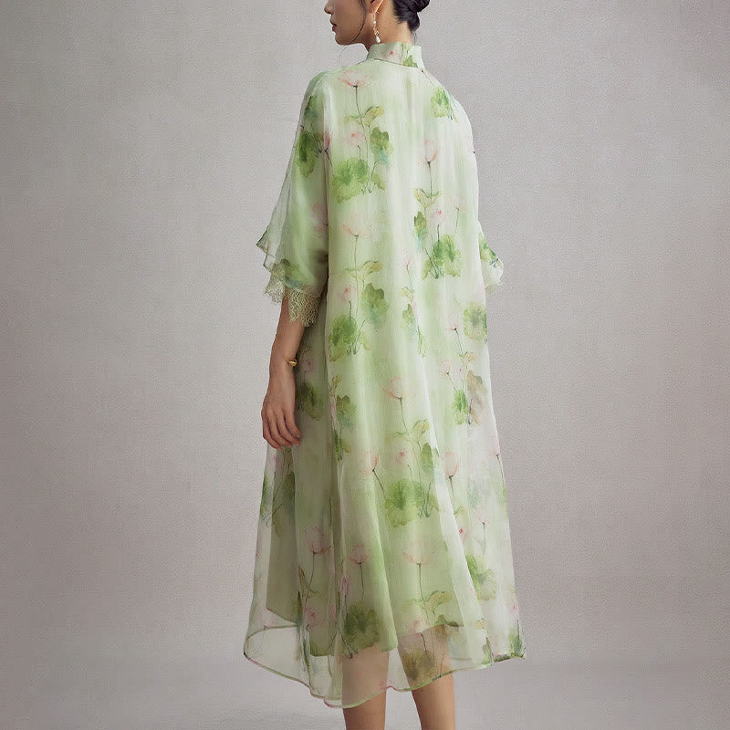 Buddha Stones 100% Mulberry Silk Organza Green Lotus Leaf Pink Lotus Print Qipao Cheongsam Dress