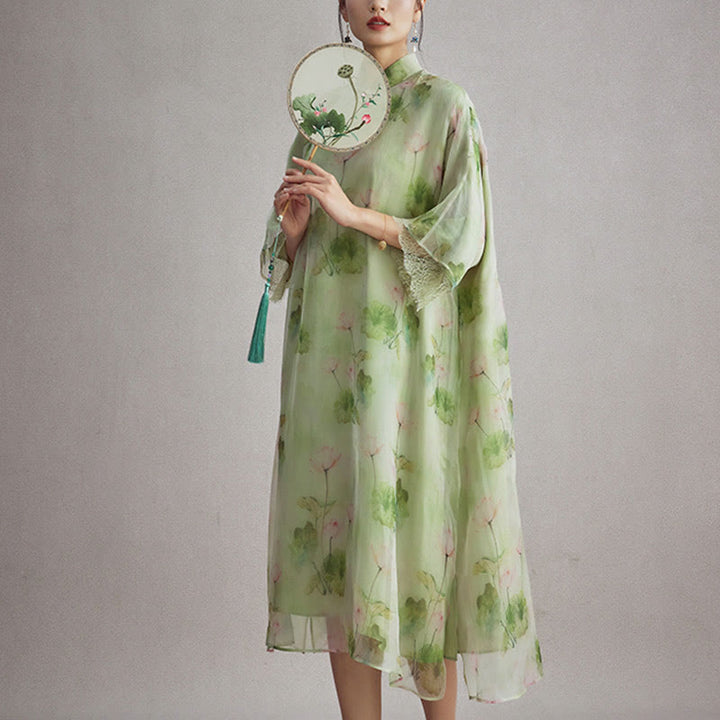 Buddha Stones 100% Mulberry Silk Organza Green Lotus Leaf Pink Lotus Print Qipao Cheongsam Dress