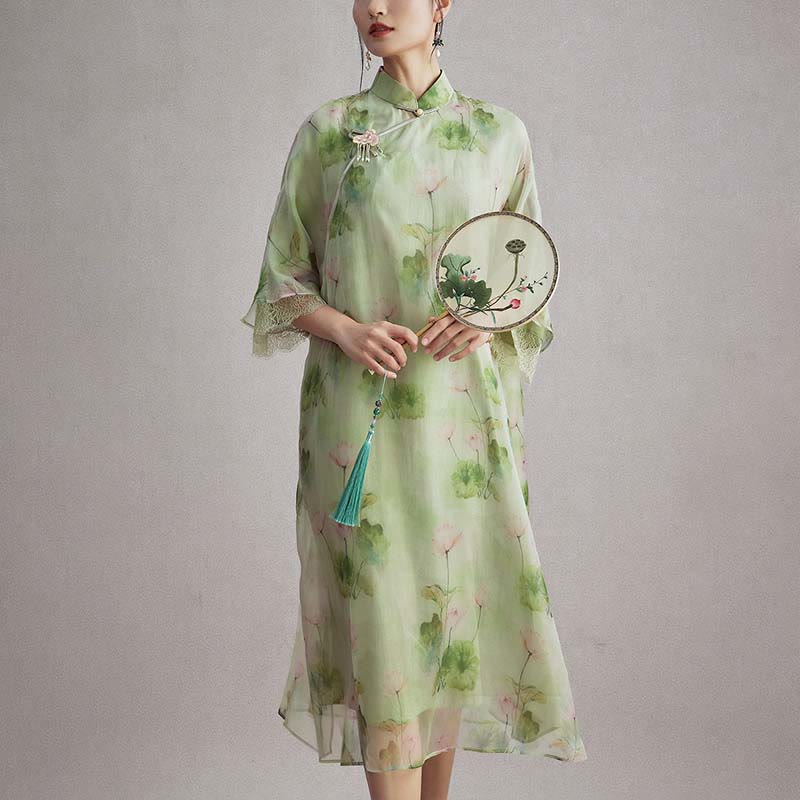 Buddha Stones 100% Mulberry Silk Organza Green Lotus Leaf Pink Lotus Print Qipao Cheongsam Dress