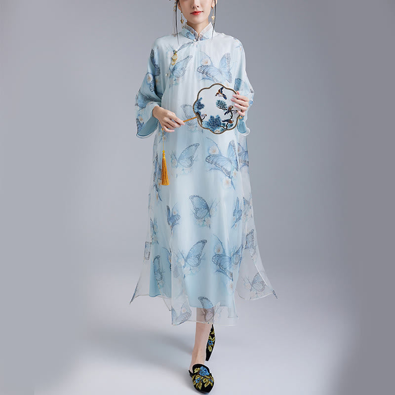 Buddha Stones 100% Mulberry Silk Organza Blue Butterfly Print Qipao Cheongsam Dress