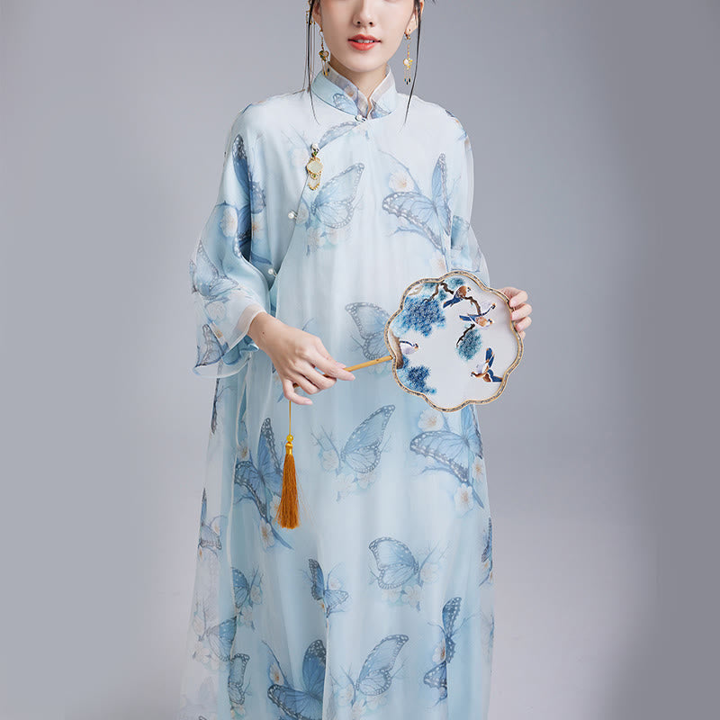 Buddha Stones 100% Mulberry Silk Organza Blue Butterfly Print Qipao Cheongsam Dress