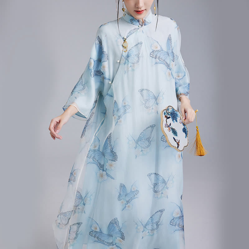 Buddha Stones 100% Mulberry Silk Organza Blue Butterfly Print Qipao Cheongsam Dress