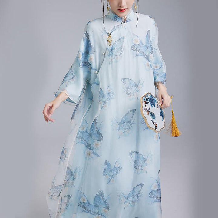 Buddha Stones 100% Mulberry Silk Organza Blue Butterfly Print Qipao Cheongsam Dress