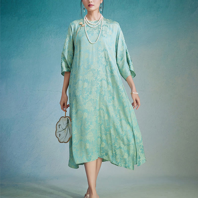 Buddha Stones Small Flower Leaf Jacquard Chinese Cheongsam Qipao Midi Dress With Pockets - image 1