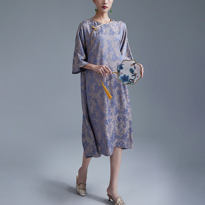 Buddha Stones Small Flower Leaf Jacquard Chinese Cheongsam Qipao Midi Dress With Pockets