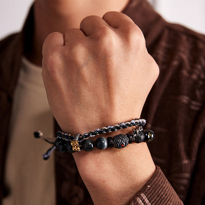 Buddha Stones 925 Sterling Silver Lava Rock Eagle's Eye Stone Lucky Beads Handmade Healing Bracelet - image 4