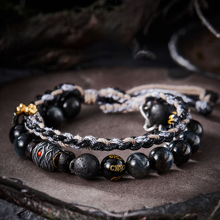 Buddha Stones 925 Sterling Silver Lava Rock Eagle's Eye Stone Lucky Beads Handmade Healing Bracelet - 19cm fit for Wrist Circumference 17cm - image 0