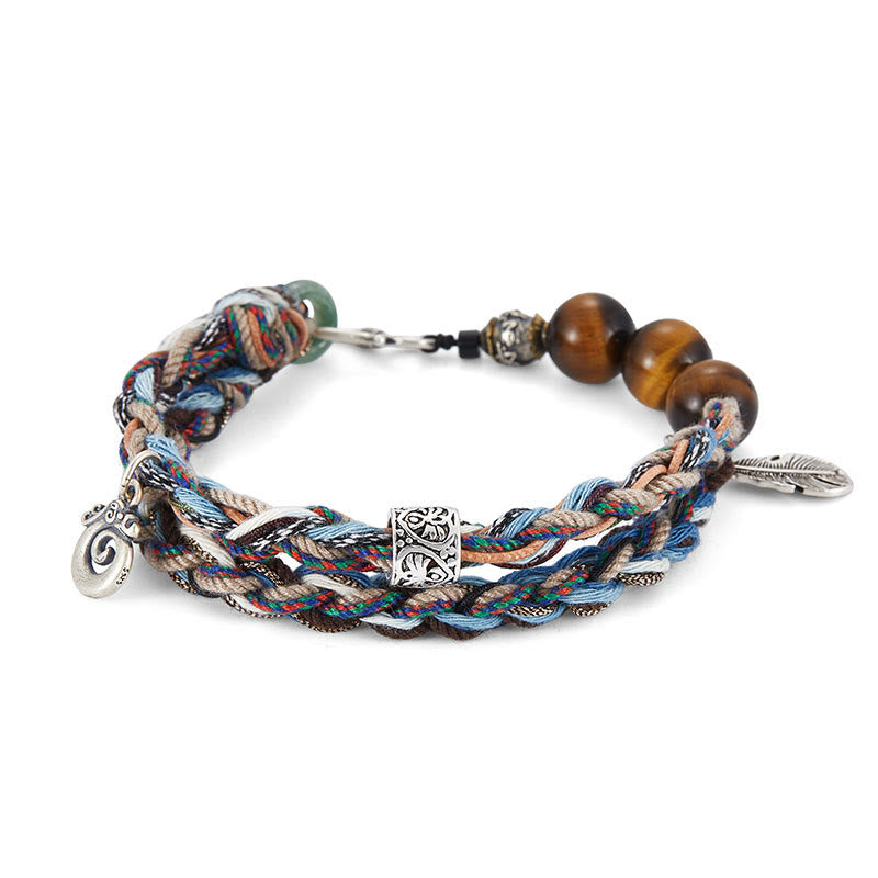 Buddha Stones 925 Sterling Silver Tiger's Eye Colorful Cotton Rope Handmade Willpower Bracelet