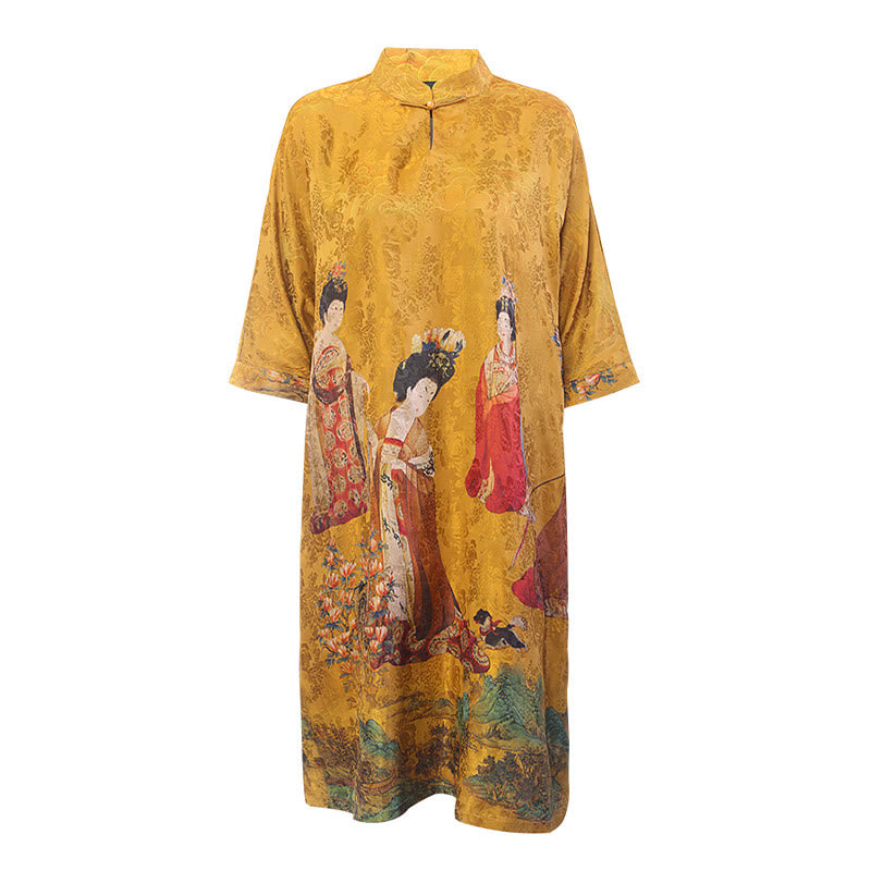 Buddha Stones Mulberry Xiangyunsha Silk 30 Momme Lady of Tang Dynasty Painting Qipao Cheongsam Dress