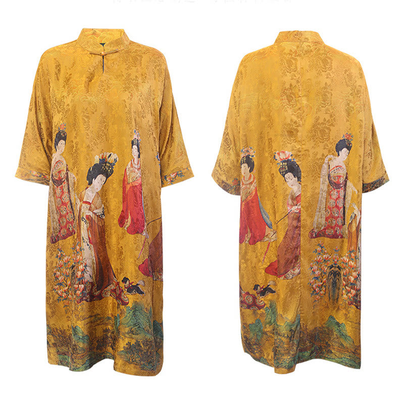 Buddha Stones Mulberry Xiangyunsha Silk 30 Momme Lady of Tang Dynasty Painting Qipao Cheongsam Dress