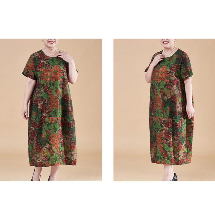 Buddha Stones Plus Size Summer Red Green Flowers Short Sleeve Midi Dress With Pockets