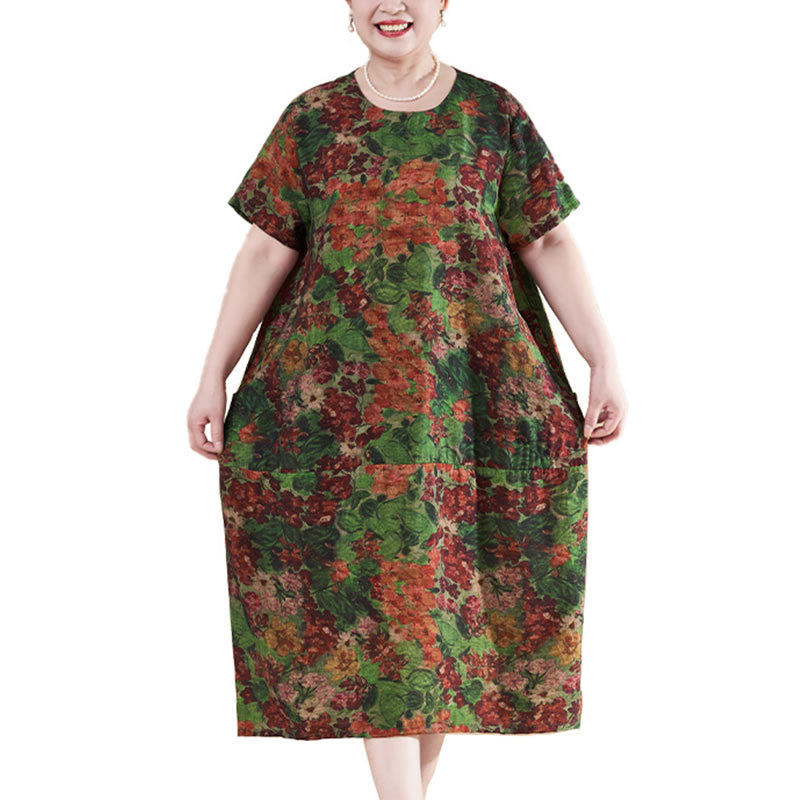 Buddha Stones Plus Size Summer Red Green Flowers Short Sleeve Midi Dress With Pockets