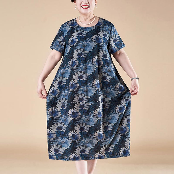 Buddha Stones Plus Size Summer Sunflower Short Sleeve Midi Dress With Pockets