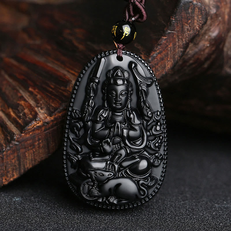 Buddha Stones Chinese Zodiac Natal Buddha Natural Black Obsidian Purification Necklace Pendant