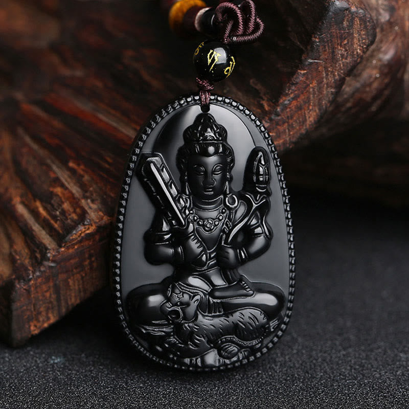 Buddha Stones Chinese Zodiac Natal Buddha Natural Black Obsidian Purification Necklace Pendant - Tiger-Void Bodhisattva - image 15