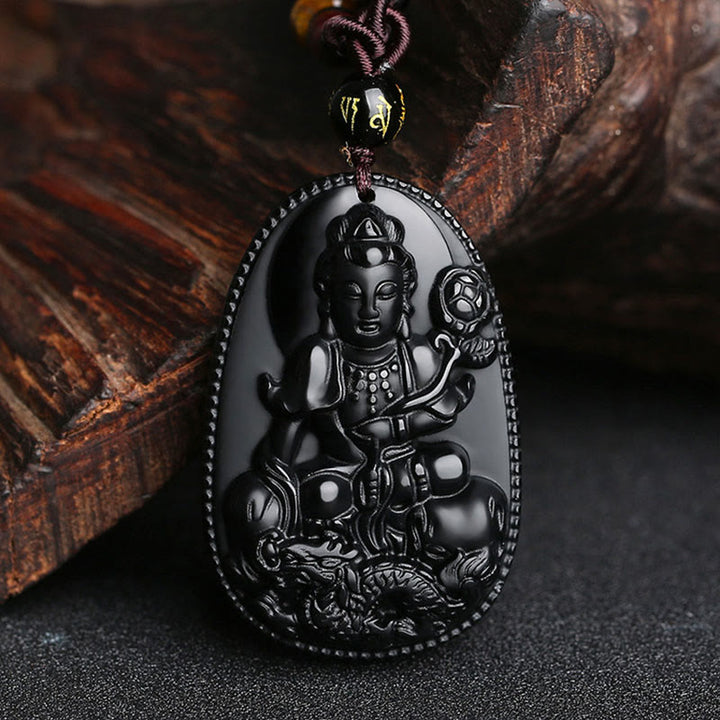 Buddha Stones Chinese Zodiac Natal Buddha Natural Black Obsidian Purification Necklace Pendant