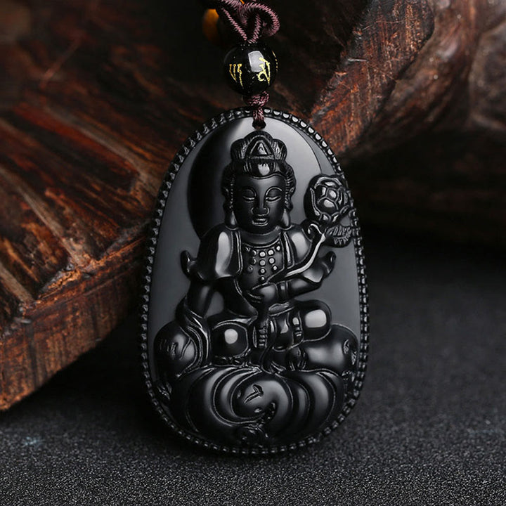 Buddha Stones Chinese Zodiac Natal Buddha Natural Black Obsidian Purification Necklace Pendant - Snake-Samantabhadra Bodhisattva - image 18