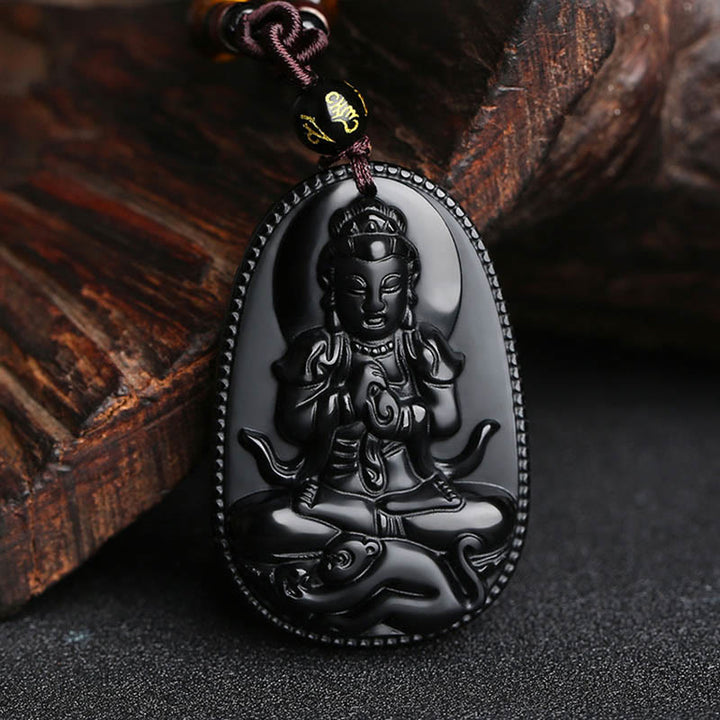 Buddha Stones Chinese Zodiac Natal Buddha Natural Black Obsidian Purification Necklace Pendant - Monkey-Tathagata - image 21