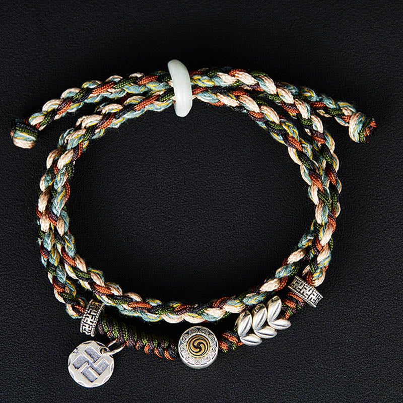 Buddha Stones 925 Sterling Silver Swastika Wheat Pattern Handmade Luck Bracelet - image 1