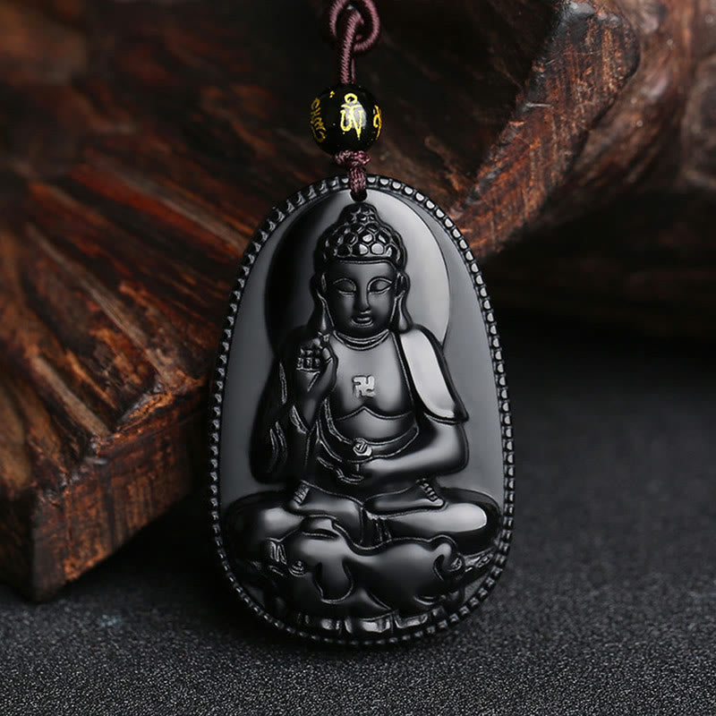 Buddha Stones Chinese Zodiac Natal Buddha Natural Black Obsidian Purification Necklace Pendant