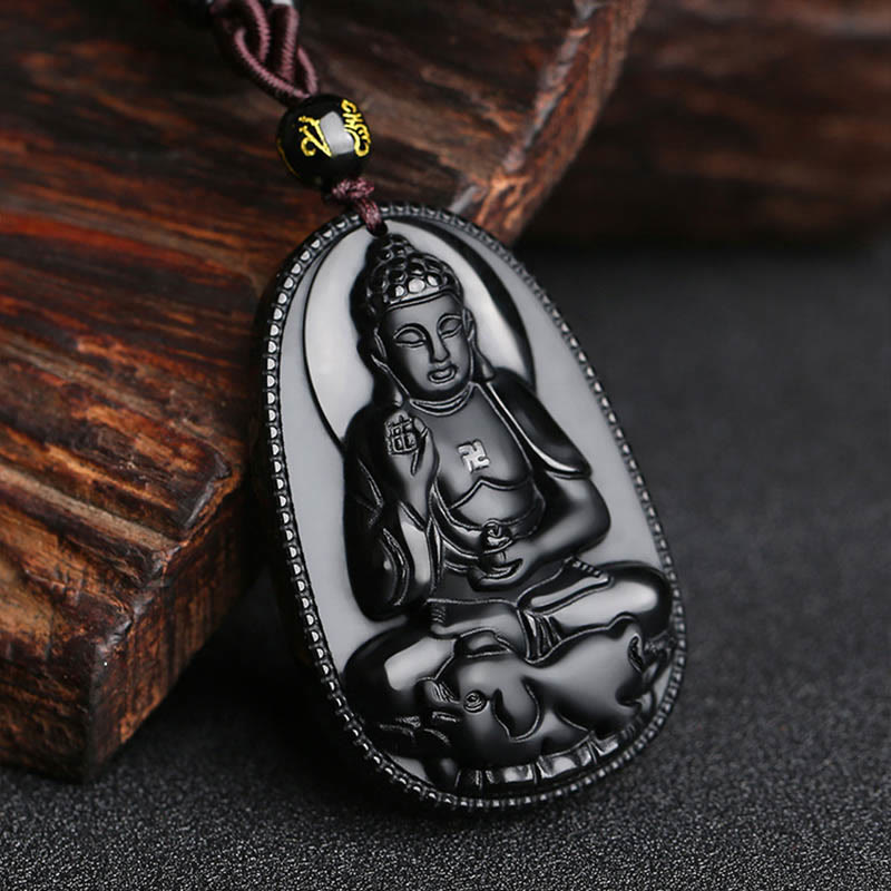 Buddha Stones Chinese Zodiac Natal Buddha Natural Black Obsidian Purification Necklace Pendant - image 1
