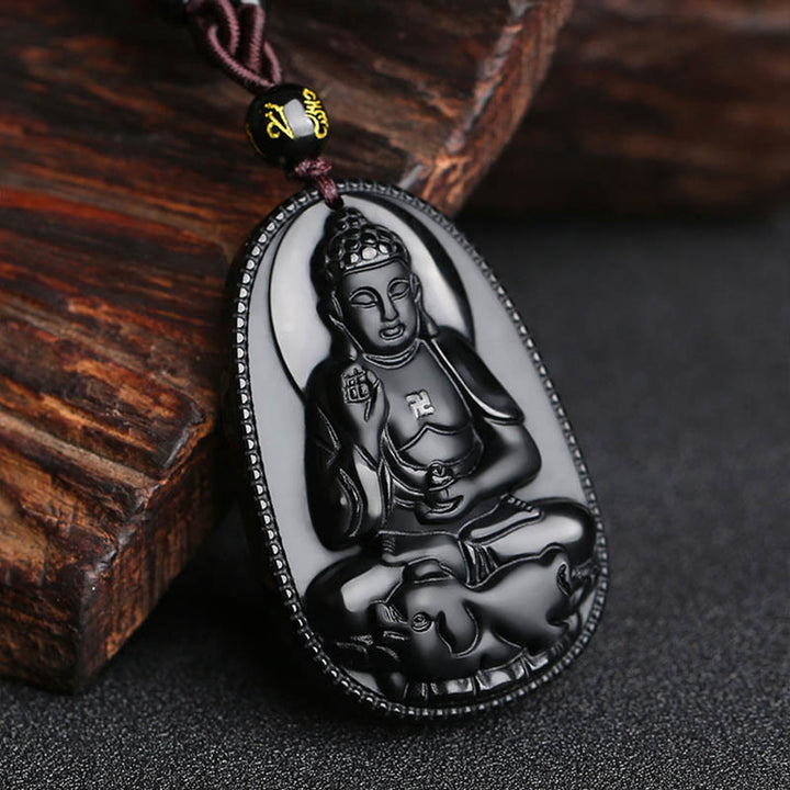 Buddha Stones Chinese Zodiac Natal Buddha Natural Black Obsidian Purification Necklace Pendant - image 1